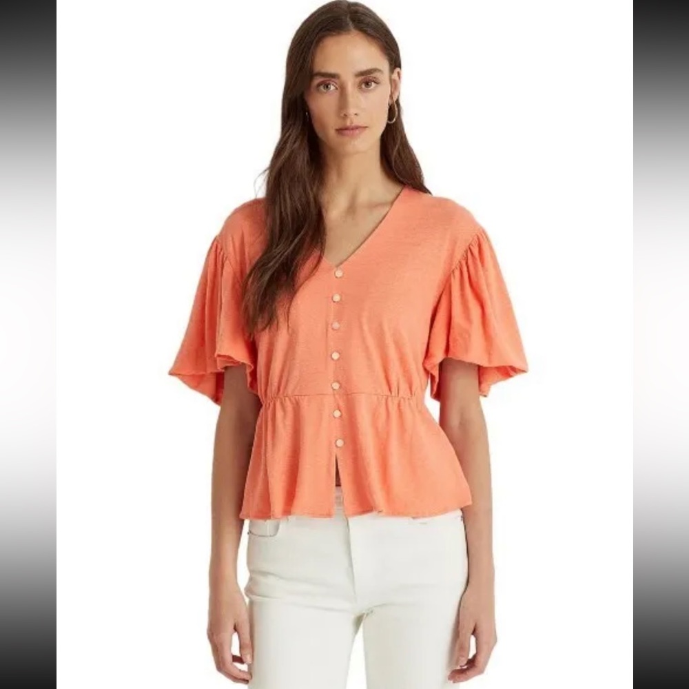 EUC Lauren Ralph Lauren Coral Linen Blend Top W Bell Sleeves & Buttons S…